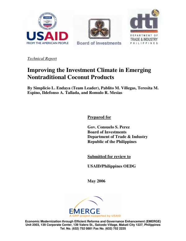 Improving the investment climate in emerging nontraditional coconut products