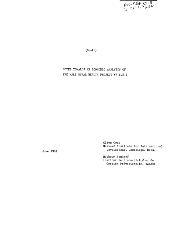 Notes towards an economic analysis of the Mali rural health project (P.S.R.)