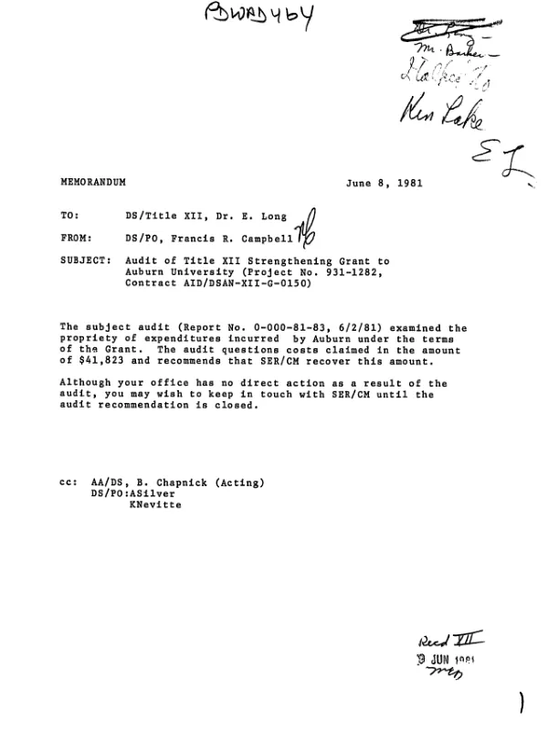 Grant audit of Auburn University, grant no. AID/DSAN-XII-G-0150