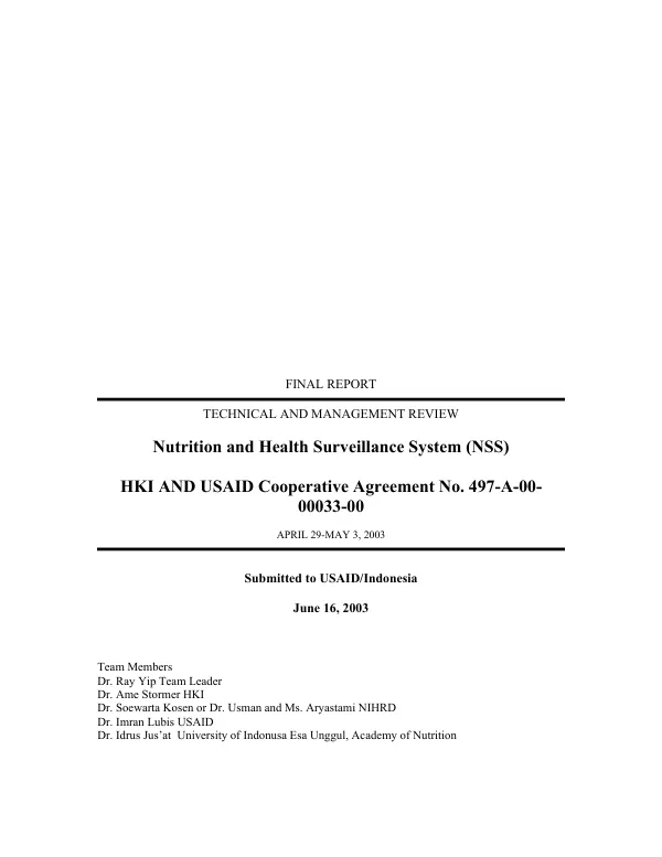 Final report : technical and management review -- nutrition and health surveillance system (NSS) : cooperative agreement no. 497-A-00-00033-00 [i.e. 497-A-00-99-00033-00]