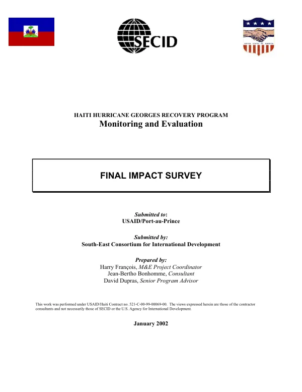Haiti Hurricane Georges recovery program : monitoring and evaluation -- final impact study