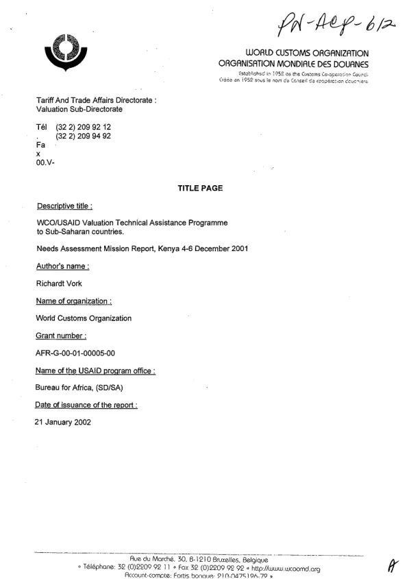WCO/USAID valuation technical assistance programme to sub-Saharan countries : needs assessment mission report -- Kenya, 4-6 December 2001