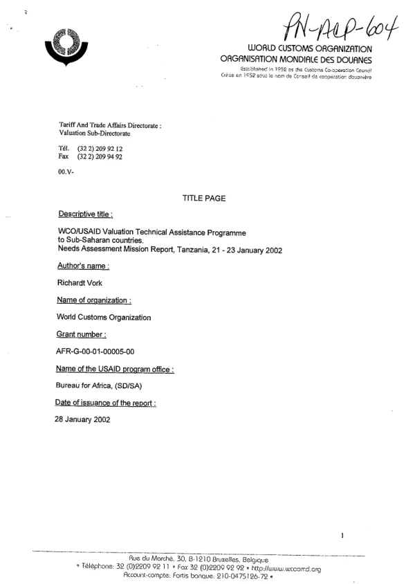 WCO/USAID valuation technical assistance programme to sub-Saharan countries : needs assessment mission report -- Tanzania 21-23 January 2002