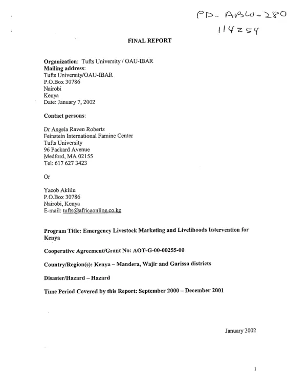 Final report : Tufts University -- emergency livestock marketing and livelihoods intervention for Kenya : grant no. AOT-G-00-00255-00 [i.e. AOT-G-00-00-00255-00 -- September 2000-December 2001