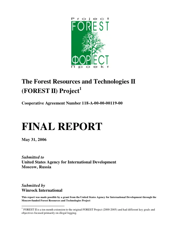 Forest resources and technologies II (FOREST II) project : cooperative agreement number 118-A-00-00-00119-0 -- final report