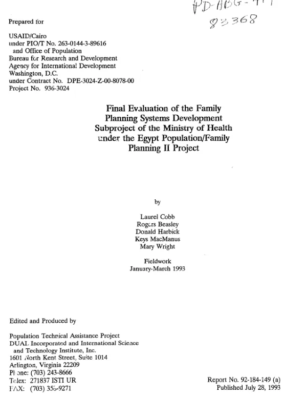 Final evaluation of the family planning systems development subproject of the Ministry of Health under the Egypt population/family planning II project