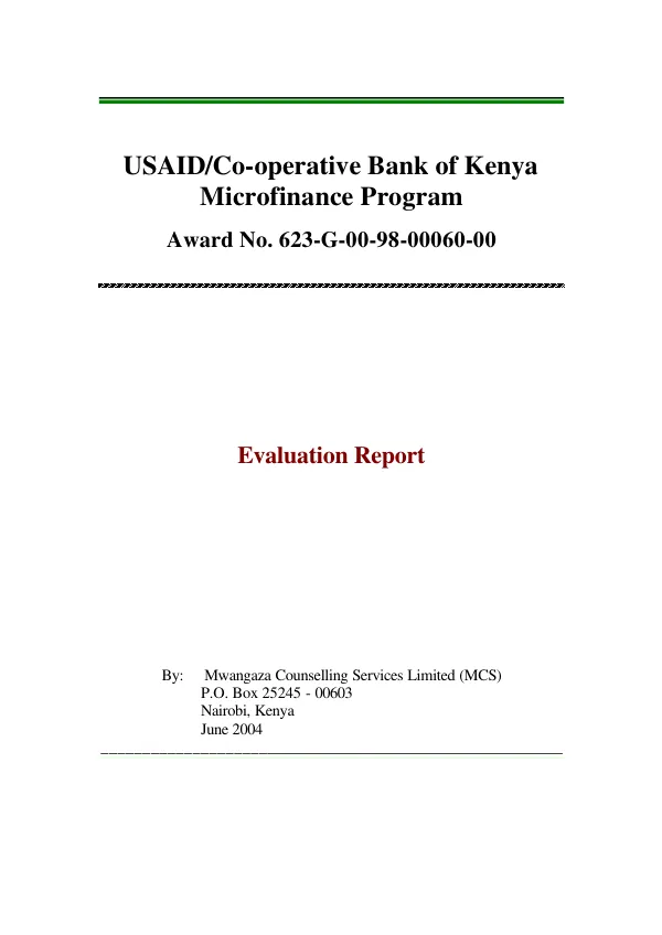 USAID/Co-operative Bank of Kenya microfinance program : award no. 623-G-00-98-00060-00 -- evaluation report