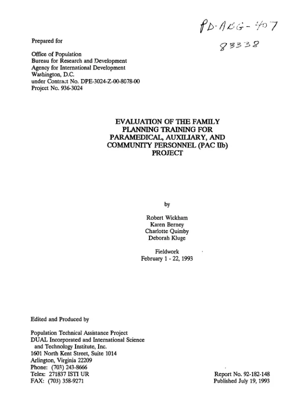 Evaluation of the family planning training for paramedical, auxiliary, and community personnel (PAC IIb) project