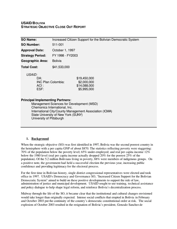 USAID/Bolivia strategic objective close out report : increased citizen support for the Bolivian democratic system