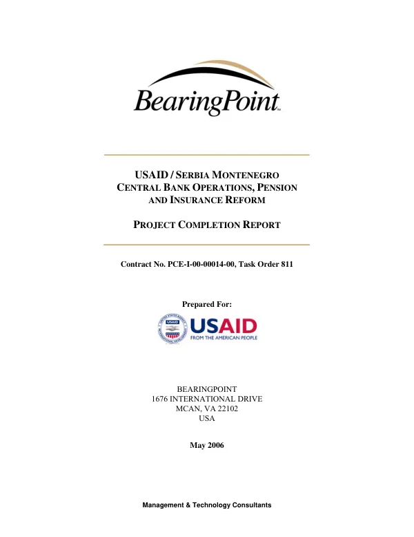 USAID/Serbia Montenegro : central bank operations, pension and insurance reform -- project completion report