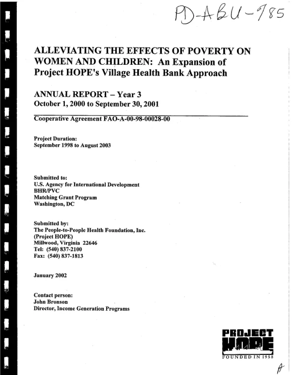 Alleviating the effects of poverty on women and children : an expansion of Project Hope"s village health bank approach -- annual report, year 3 : October 1, 2000 to September 30, 2001