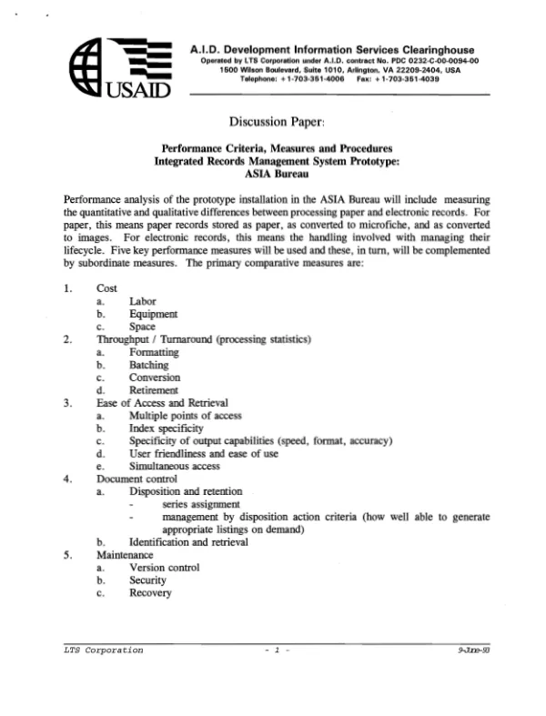 Performance criteria, measures and procedures integrated records management system prototype : Asia Bureau