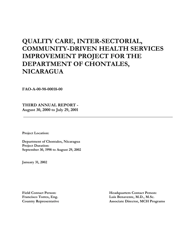 Quality care, inter-sectorial, community-driven health services improvement project for the Department of Chontales, Nicaragua : FAO-A-00-98-00018-00 -- third annual report, August 30, 2000 to July 29, 2001