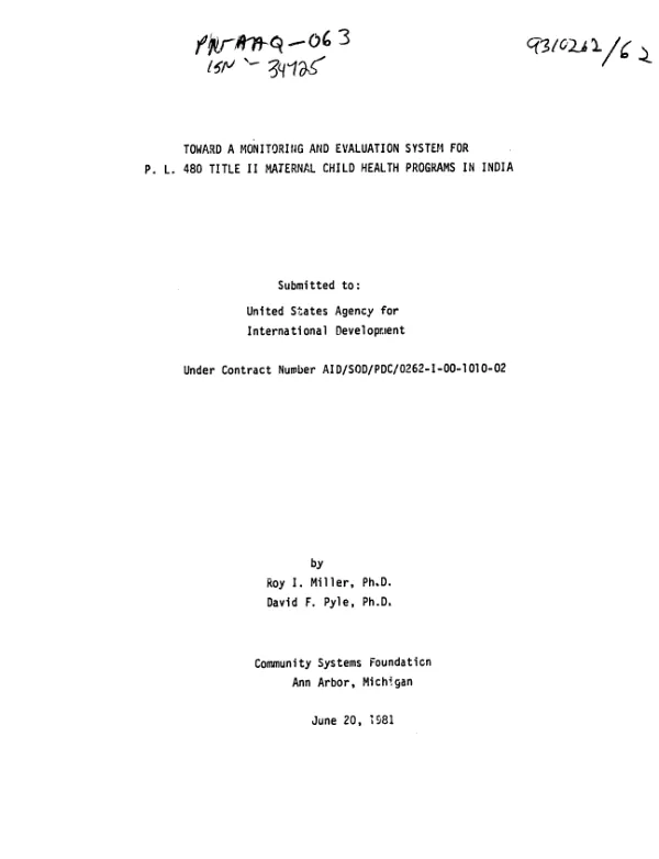 Toward a monitoring and evaluation system for PL-480 Title II maternal child health programs in India