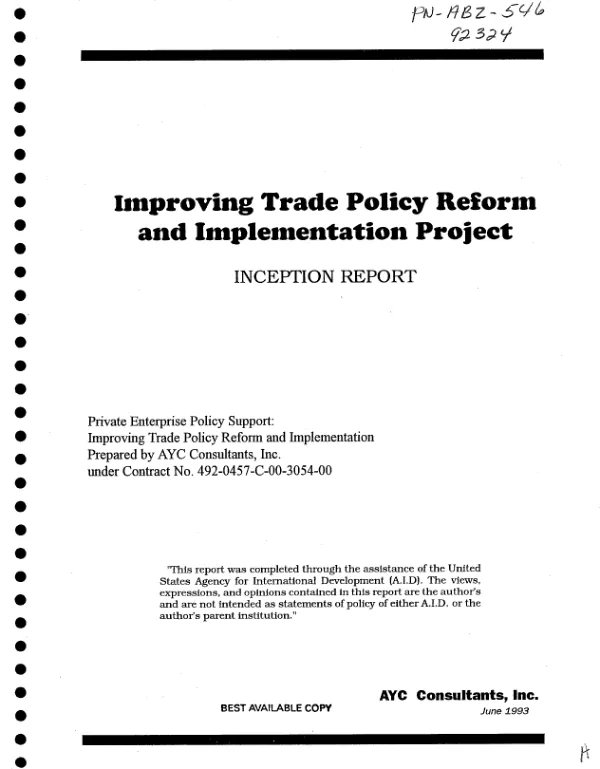 Improving trade policy reform and implementation project : inception report
