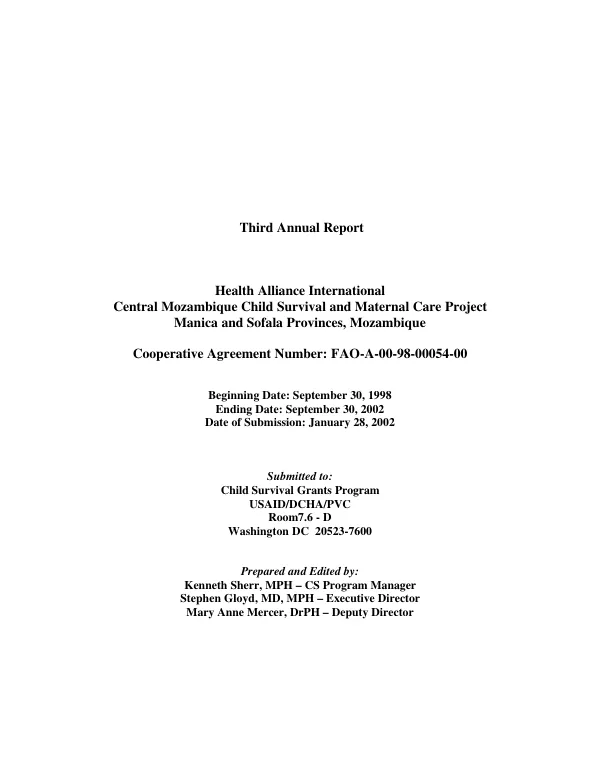 Third annual report : Health Alliance International -- Central Mozambique child survival and maternal care project : Manica and Sofala Provinces, Mozambique -- cooperative agreement number FAO-A-00-98-00054-00