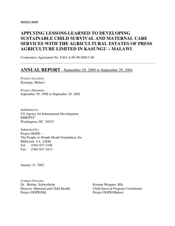 Applying lessons-learned to developing sustainable child survival and maternal care services with the agricultural estates of Press Agriculture Limited in Kasungu, Malawi : cooperative agreement no. FAO-A-00-98-00017-00 -- annual report, September 20, 2000 to September 29, 2001