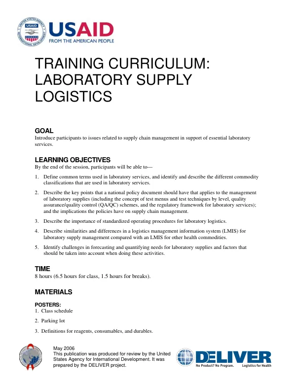 Training curriculum : laboratory supply logistics