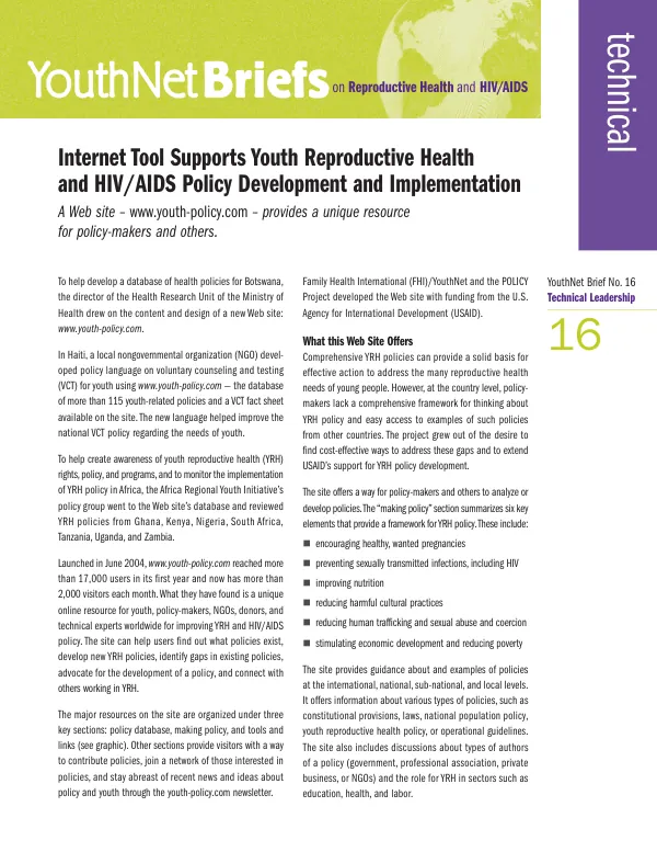 Internet tool supports youth reproductive health and HIV/AIDS policy development and implementation