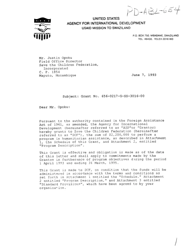 AID grant agreement no. 656-0217-G-SS-3016-00 to Save the Children Federation (SCF) in partial support of a sub-regional children and war [C&W] program in Mozambique, Malawi, and Zimbabwe under the private voluntary organization (PVO) support project