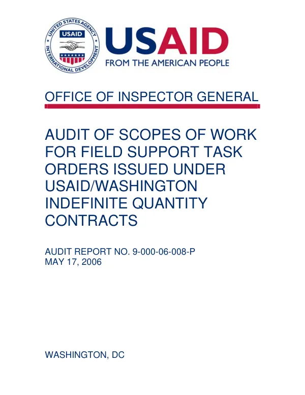 Audit of scopes of work for field support task orders issued under USAID/Washington indefinite quantity contracts