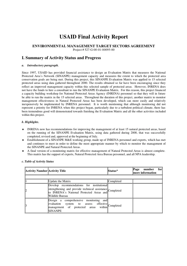 USAID final activity report : environmental management target sectors agreement : project # 527-G-00-01-00095-00