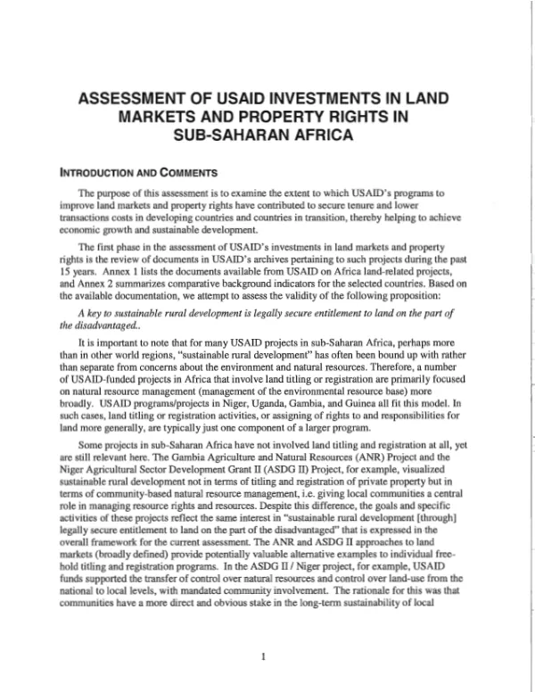 Assessment of USAID investments in land markets and property rights in Sub-Saharan Africa
