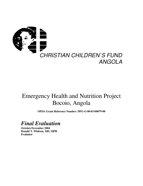 Christian Children's Fund, Angola : emergency health and nutrition project, Bocoio, Angola -- final evaluation