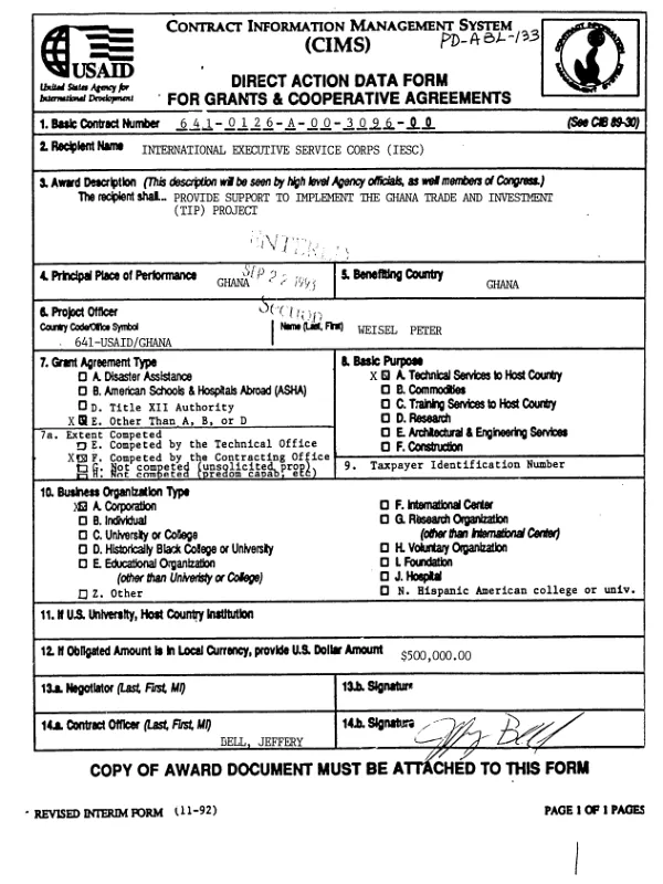 AID cooperative agreement no. 641-0126-A-00-3096-00 to International Executive Service Corps (IESC) in support of the trade and investment program (TIP)