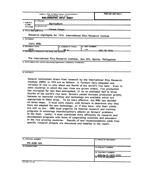 AID grant agreement no. 623-0103-G-00-3147-00 with the International Institute of Tropical Agriculture (IITA) for the establishment of a regional center in Uganda, which will generate distributive technologies geared to increased production of cassava, bananas, and plantains