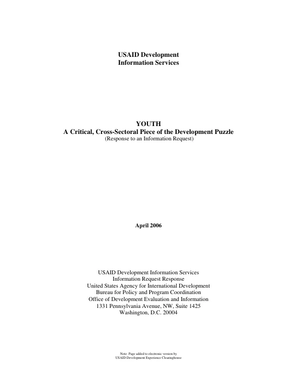 Youth : a critical, cross-sectoral piece of the development puzzle