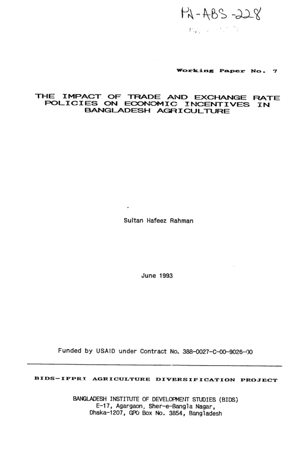 Impact of trade and exchange rate policies on economic incentives in Bangladesh agriculture