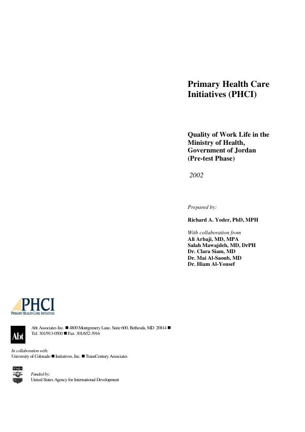 Quality of work life in the Ministry of Health, Government of Jordan (pre-test phase)