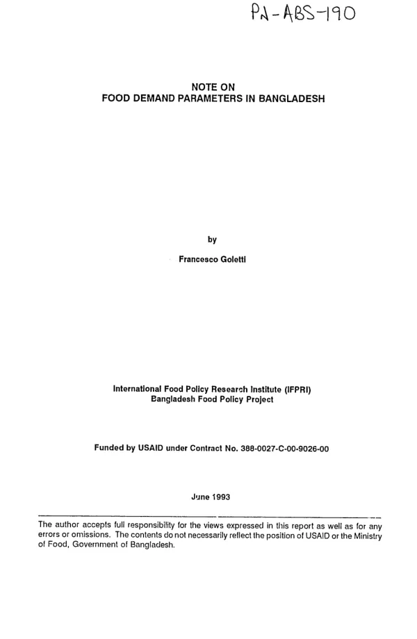 Note on food demand parameters in Bangladesh