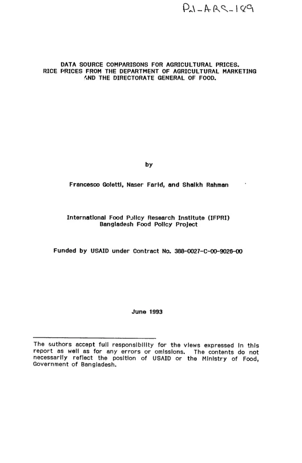 Data source comparisons for agricultural prices : rice prices from the Department of Agricultural Marketing and the Directorate General of Food