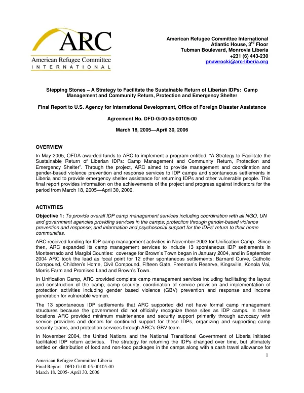 Stepping stones : a strategy to facilitate the sustainable return of Liberian IDPs -- camp management and community return, protection and emergency shelter : final report