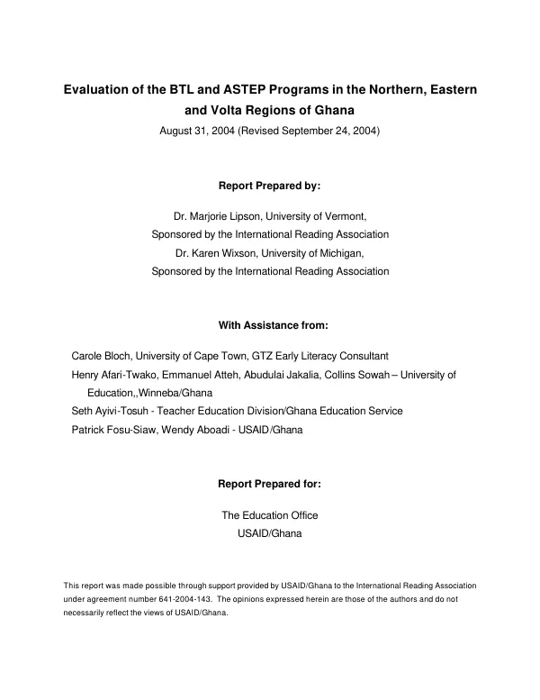Evaluation of the BTL [breakthrough to literacy] and ASTEP [assistance to teacher education project] programs in the northern, eastern and Volta regions of Ghana