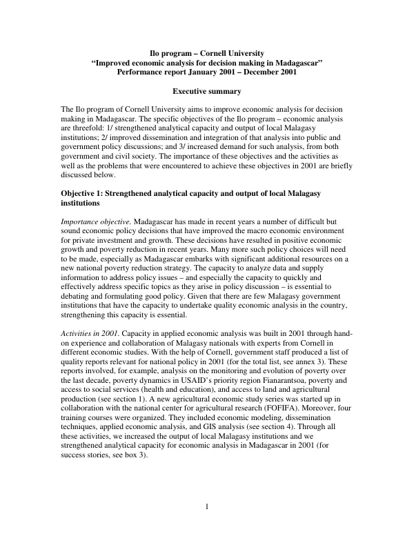 Ilo program - Cornell University : "improved economic analysis for decision making in Madagascar" -- performance report January 2001-December 2001