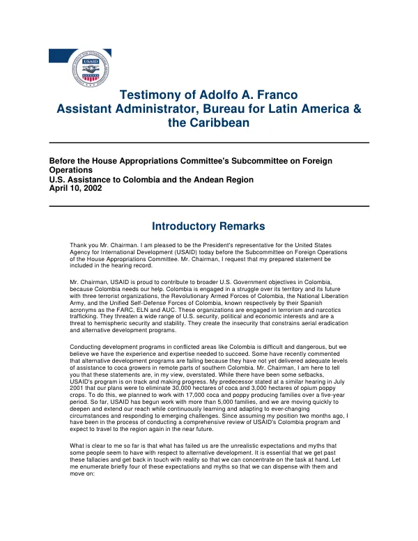 U.S. assistance to Colombia and the Andean region