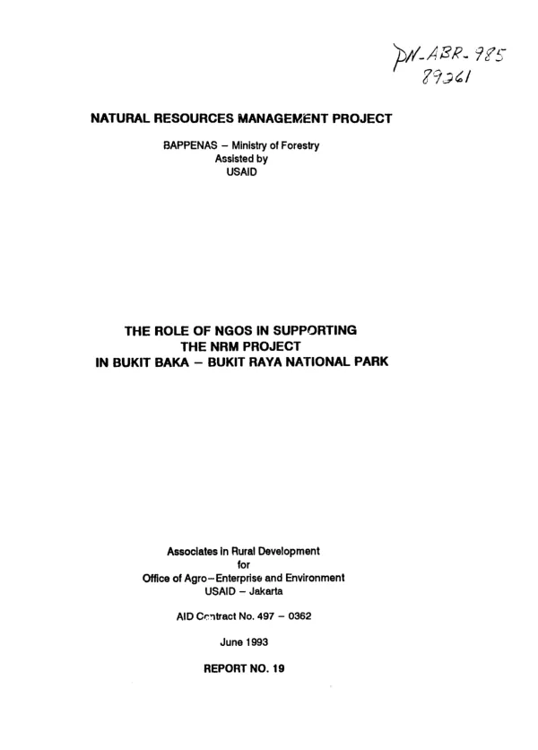 Role of NGO"s in supporting the NRM project in Bukit Baka - Bukit Raya National Park