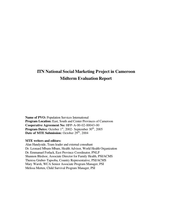 ITN [insecticide treatment nets] national social marketing project in Cameroon : midterm evaluation report