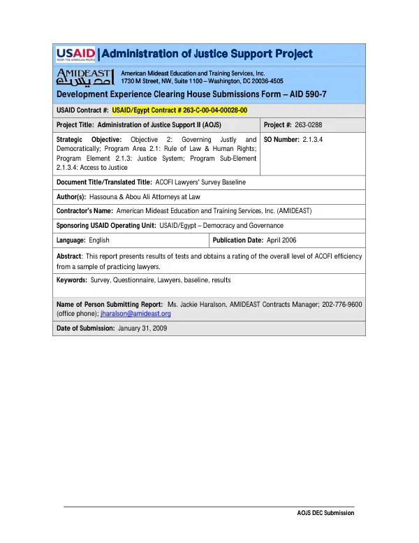 Alexandria final survey report : conducting lawyers survey -- Alexandria Court of First Instance
