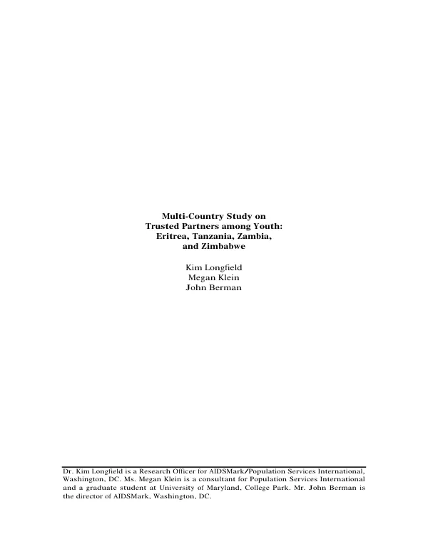 Multi-country study on trusted partners among youth : Eritrea, Tanzania, Zambia, and Zimbabwe