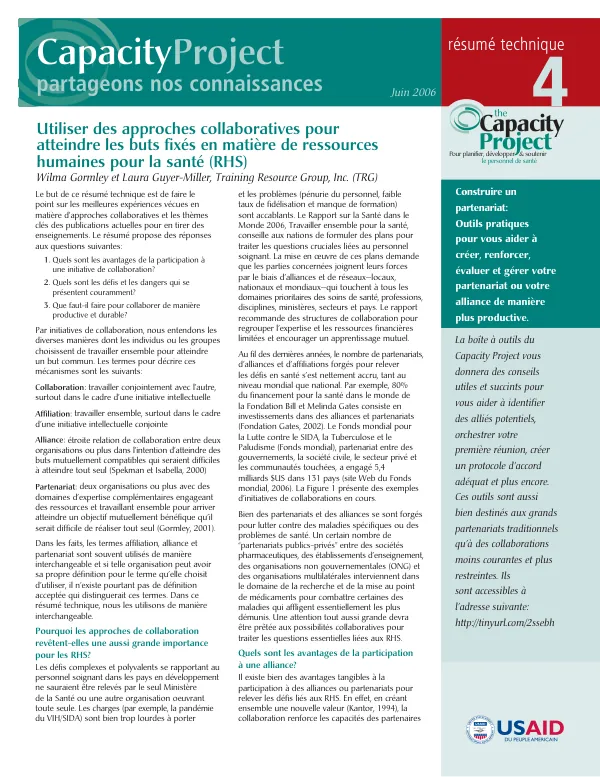 Utiliser des approches collaboratives pour atteindre les buts fixes en matiere de ressources humaines pour la sante (RHS)