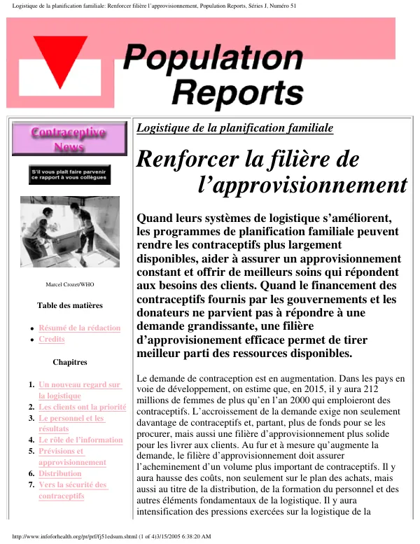 Logistique de la planification familiale : renforcer la filiere de l"approvisionnement