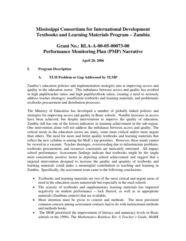 Mississippi Consortium for International Development : textbooks and learning materials program [TLMP], Zambia -- grant no. RLA-A-00-05-00073-00 : performance monitoring plan (PMP) narrative