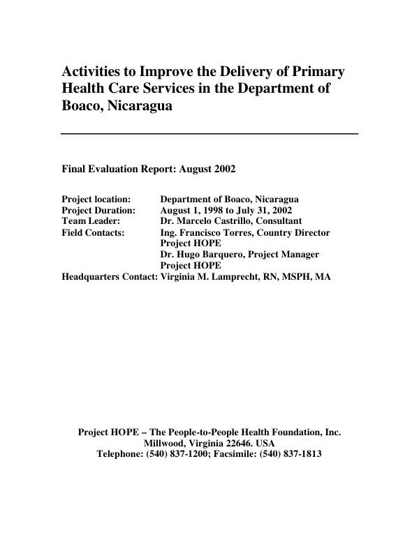 Activities to improve the delivery of primary health care services in the Department of Boaco[, Peru] : final evaluation report