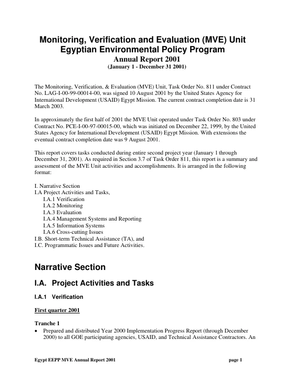 Monitoring, verification and evaluation (MVE) unit, Egyptian environmental policy program : annual report 2001 (January 1-December 31, 2001)