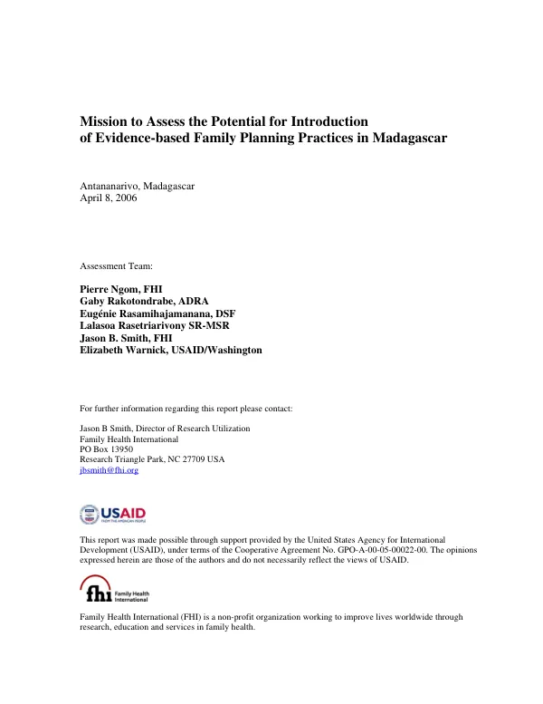 Mission to assess the potential for introduction of evidence-based family planning practices in Madagascar