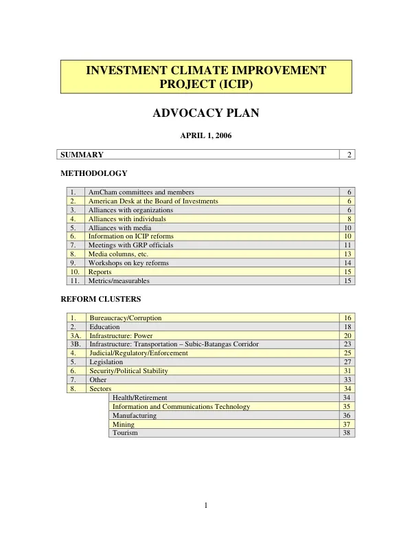 Investment climate improvement project (ICIP) : advocacy plan